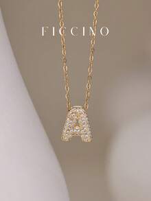 Dây chuyền mặt chữ cái Cubic Zirconia cổ điển FICCINO, Dây chuyền chữ cái mạ vàng bằng thép không gỉ Titanium, Vòng cổ choker All-Match hàng ngày, Hộp quà tặng, Quà kỷ niệm - 1556n - Xem 2