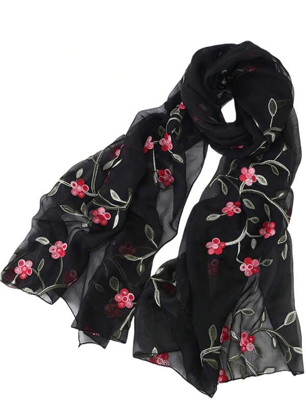 2025 Novo Xale de Chiffon Bordado com Flor de Pessegueiro, Xale Feminino para Viagem, Sessão de Fotos, Proteção Solar, Cobertura para Praia