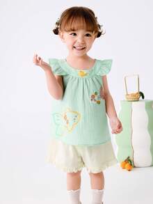 Balabala Baby Girls' Vintage-Style 2 Pieces Set, Sweet & Playful Look - Pink Green - View 1