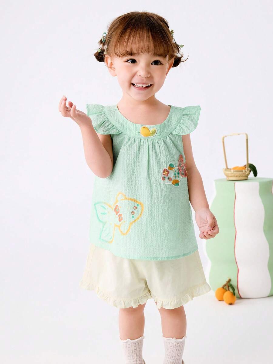Balabala Baby Girls' Vintage-Style 2 Pieces Set, Sweet & Playful Look - Pink Green - View 1