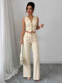 Traje de chaleco elegante y pantalones de pierna recta para mujer - Beis - Ver 5