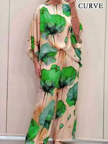 Plus Size Women's Spring/Summer Vibrant Floral Print Round Neck Top And Pants Set Vacation Elegant - Green - View 1