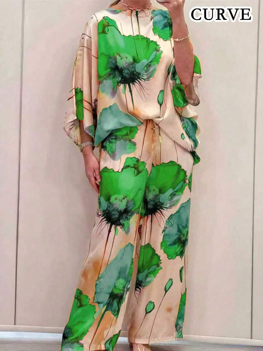 Plus Size Women's Spring/Summer Vibrant Floral Print Round Neck Top And Pants Set Vacation Elegant - Green - View 1