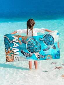 1pc Personalized Name Beach Towel,Blue Marine Creature - Sea Turtle Children Parents Beach Towel, Absorbent Multi-Functional, Quick Dry,Breathable - Blue - View 5