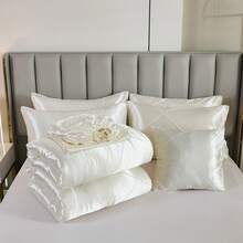 White Satin Queen Comforter Set With Sheet Set Silk Like Satin Bedding Set Geometric Plaid Pinch Pleat Luxury Bedding Comforter 8 Pieces Satin Bed Set For Women And Females Bedroom Decor With 1 Comforter  4 Pillowcases 1 Flat Shhet 1 Fitted Sheet 1 Cushion Cover - 白色 - 查看 5