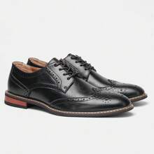Men's Brogue Business Shoes, Embossed Leather Uppers Vintage Style, Wooden Heel Rubber Outsole, White Stitching