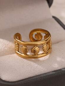 1 件时尚人造水晶贝壳戒指女士金色不锈钢开口戒指海滩派对夏季珠宝礼物