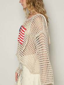 Women's American Flag Crochet Sweater Long Sleeve Hollow Out Lightweight Knit Hoodie 2025 Summer Beach Cover Up Tops - 米色 - 查看 4