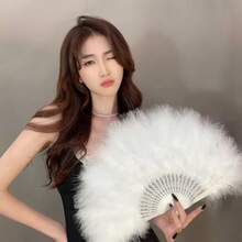 1pc Full Feather Thickened Women's Feather Fan, Adult Runway Performance Dance Folding Fan, Synthetic Feather Folding Wedding Fan Decoration Fan - Multicolor - View 7