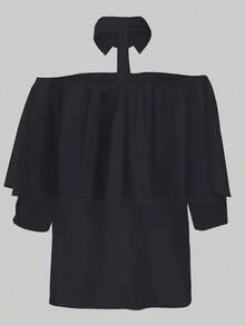 Women Off-Shoulder Solid Color Long Sleeve Shirt, Minimalist And Fashionable Black Spring - Black - View 7
