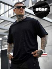 男士满天星印花休闲旅行度假街头透气真丝短袖圆领T恤，男士时尚休闲运动上衣，情侣装，休闲家居 - 黑色 - 查看 3