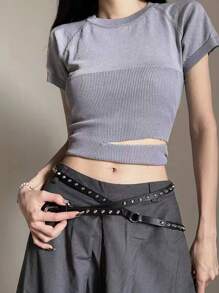 1 pieza Cinturón extra largo de mujer de doble capa casual, estilo punk retro con hebilla de metal, remaches, correa de cuero vaquero occidental para uso diario, fiestas, escuela, otoño, Halloween