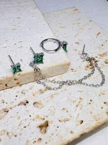3 Pcs Exquisite Chain Dangle Hoop Earring Stud Sets For Women Emerald Green CZ Flower Cartilage Piercing Earrings Fashion Jewelry, Hypoallergenic 14K Gold Plated Dangle Earrings Dainty Small Long Chain Earring
