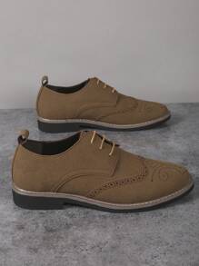 Men's Suede Lightweight Brogue Decorated Round Toe Lace-Up Casual Low-Heel PU Shoes, Suitable For Young Students Everyday Wear, Spring/Summer/Autumn/Winter