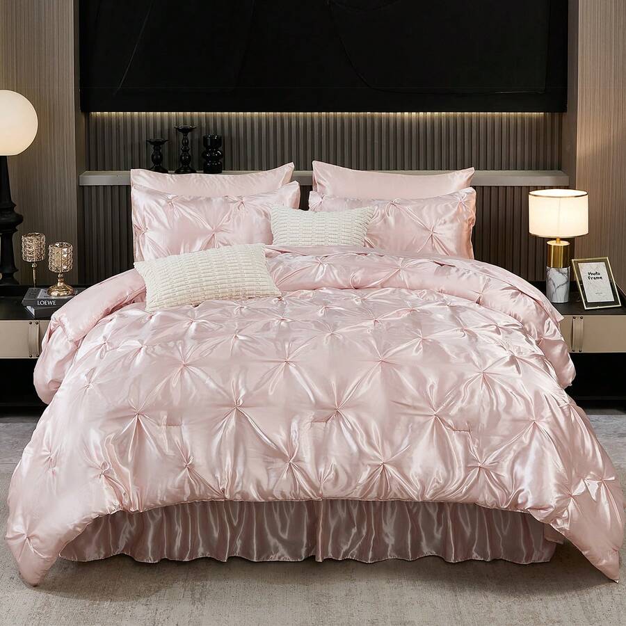10-Piece Satin Comforter Set With Sheet Set Queen Size Pinch Pleat Bedding Comforter Set Silk Like Satin Bedding Set For Bedroom And Guest Room Soft Lightweight Luxury Satin Bed Set With 1 Comforter 4 Pillowcases 1 Flat Sheet 1 Fitted Sheet 1 Bed Skirt And 2 Cushion Cover (Twin Size Includes 8 Pcs) - 淺粉色 - 查看 1