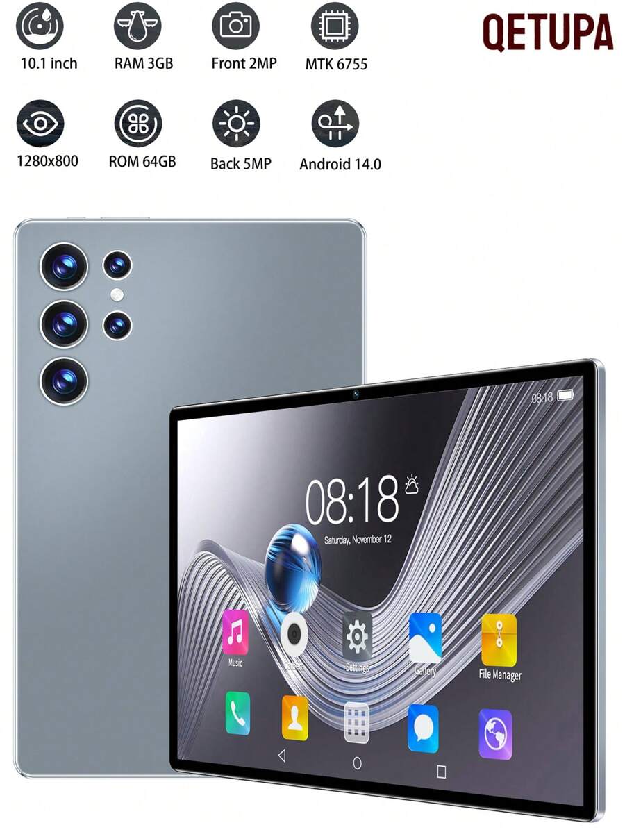 Qetupa جهاز لوحي 10.1 بوصة Z50 بنظام أندرويد 14، ذاكرة وصول عشوائي 3 جيجابايت + ذاكرة تخزين 64 جيجابايت، معالج MTK 6755 ثماني النواة 1.8 جيجاهرتز، شاشة لمس IPS عالية الدقة (1280x800)، بلوتوث 5.2 وواي فاي 802.11ac، GPS، كاميرا أمامية 2 ميجابكسل وخلفية 5 ميجابكسل، بطارية عالية السعة 6000 مللي أمبير، بدون دعم بطاقة SIM، يدعم القراءة والألعاب