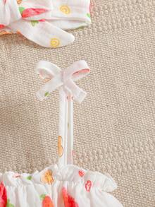 Newborn Baby Girls Summer Cute Sweet Ruffled Strawberry Print Cotton Bodysuit And Headband - Multicolor - View 4