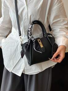 1pc Fashionable Minimalist Buckle PU Tote Bag With Scarf, Suitable For Daily Use - Black - View 4