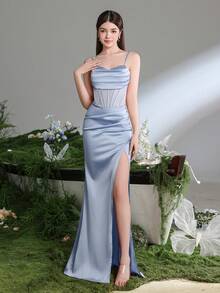 少女优雅晚礼服，细肩带和高开衩 - 褶皱美人鱼轮廓礼服