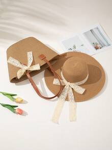 1pc Hat + 1pc Bag, Suitable For Vacation Wear - Khaki - View 2