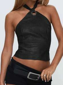 Vintage Halter Bandage Leather Tank Tops Sexy Backless Ring Slim Fit Women PU Vests Stunning Spring Summer Streetwear Hot Girl Tops