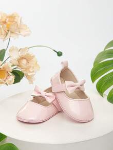 Infant Shoes With Hook And Loop & Bow Decor, Anti-Slip Elegant Princess Flats For Toddler - Pink - View 3