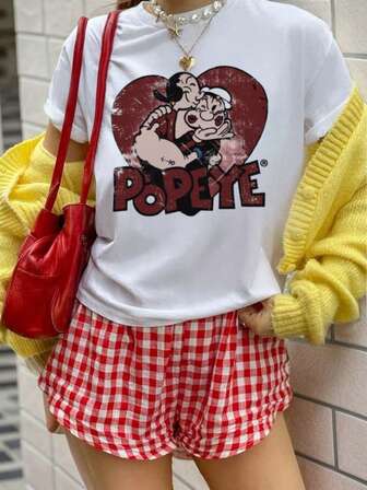 女式可爱卡通大力水手图案圆领短袖 T 恤，休闲日常穿着，夏季