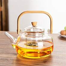 1pc 33.81oz High Borosilicate Glass Large Capacity Handle Teapot With Tea Infuser Clear Glass Teapot Induction Brewing Tea And Health Pot With Wooden Parts For Home Or Kitchen Use - White - View 2