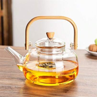 1pc 33.81oz High Borosilicate Glass Large Capacity Handle Teapot With Tea Infuser Clear Glass Teapot Induction Brewing Tea And Health Pot With Wooden Parts For Home Or Kitchen Use