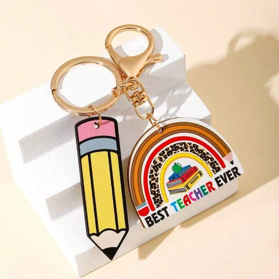 1件创意简约毕业礼物,送给同学的木质铅笔、苹果、书本、半圆形盾牌钥匙扣,街头时尚热门节日派对礼物,送给老师、朋友、爱人,男女通用汽车钥匙木质吊坠 - 彩色 - 查看 1