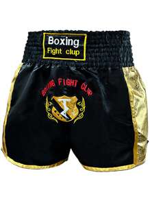 1pc Men's Black Boxing Shorts, Embroidered Sports Pants, Fighting & Training Muay Thai Shorts
