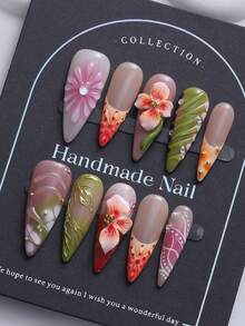 10 件/包欧美风格尖头指甲贴，手绘法式波尔卡圆点渐变热带花卉 3D 浮雕渐变设计，镶嵌钻石，奢华手工可穿戴指甲，Y2K 坏人风格，适合女性和女孩 - 彩色 - 查看 1