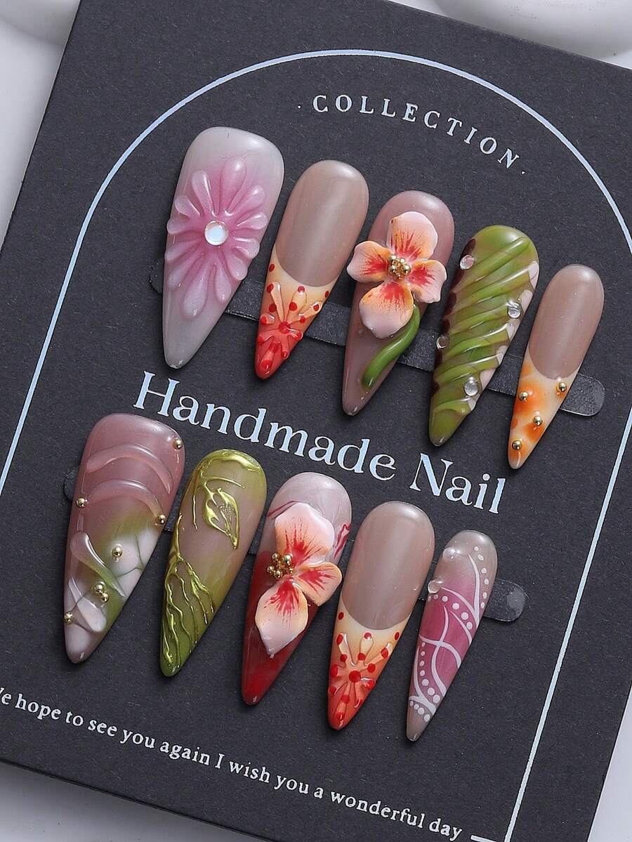 10 件/包欧美风格尖头指甲贴，手绘法式波尔卡圆点渐变热带花卉 3D 浮雕渐变设计，镶嵌钻石，奢华手工可穿戴指甲，Y2K 坏人风格，适合女性和女孩 - 彩色 - 查看 1