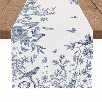 Einfarbiger Skizzen Vogel und Blumen Tischläufer, saisonale Frühlings-/Herbstdekoration für Küche/Esszimmertisch, Heim Party Dekoration, 33 x 91 cm, 33 x 122 cm, 33 x 183 cm, 33 x 229 cm, 33 x 274 cm