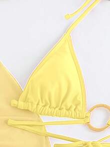 3pcs Set Women Velentines Hibiscus Red Swimwear For Summer Days From Poolside To Beachside, Basic Elegant Bikini Floral Decor Coverups Sarong Beachwear,Easter,Holiday Outfits,Going Out Tops,Date Night Outfits Women,All Women Clothes,Fall Clothes - Yellow - View 4