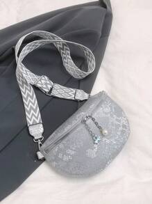 1pc Snakeskin Fashion Sport Fanny Pack, Boho Style Contrast Color Wide Strap, Faux Pearl Flower Zipper Crossbody Shoulder Bag For Women, Suitable For Daily Use And Gift