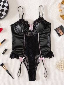 New PU Leather & Lace Splice Crotch Open Split Sexy Seamless Bodysuit Lingerie - Black - View 7