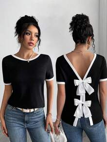 Mobula Sound Damen Bluse mit rückenfreiem Schleifendekor, elegant, lässig, für den Urlaub, süß und schlankmachend, kurzärmlig, geeignet für Frühling und Sommer, Cut Out