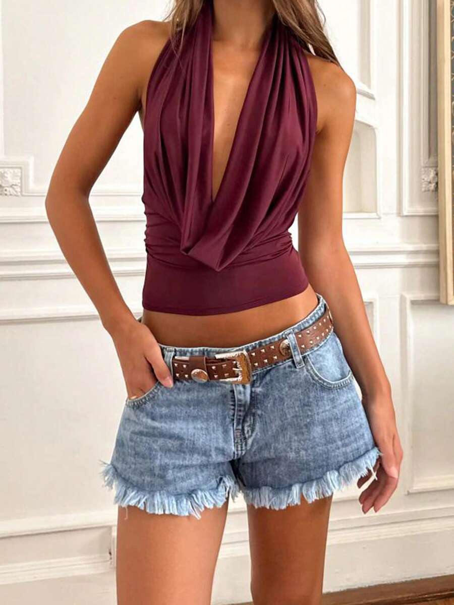 Women Y2k Halter Neck Tank Tops Summer Sleeveless Backless Cowl Neck Crop Tops Slim Fit Ruched Shirts Vintage Deep V Neck Cami Vest Going Out Tops Party Clubwear Fairy Grunge Gothic Graphic Printed Aesthetic Clothes - Burgundy - View 1