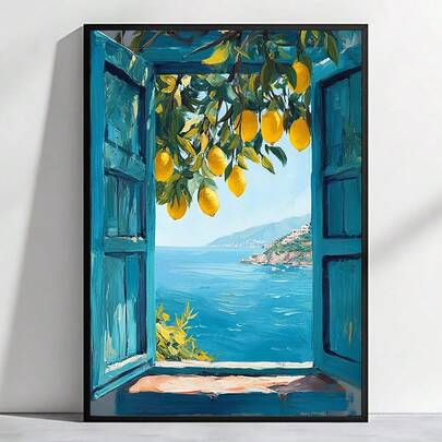 1pc Mediterranean Window View Wall Art Picture Coastal Lemon Tree Prints Canvas Paintings Italian Seaside Landscape Posters Blue Aesthetic Decor For Bedroom, Living Room, Or Apartment Wall Decor Gift For Her Unframed