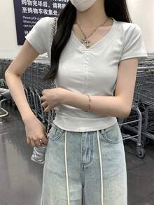 女士夏季V领短袖休闲T恤 - 白色 - 查看 5