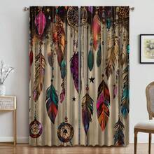 2pcs Vintage Boho Style Feather Window Curtains - Dreamcatcher & Turquoise Design, Rod Pocket, Suitable For Bedroom, Living Room, Kitchen, Office - Washable Polyester Fabric, Semi-Sheer, Perfect Home Decor, Living Room Curtains - Multicolor - View 6