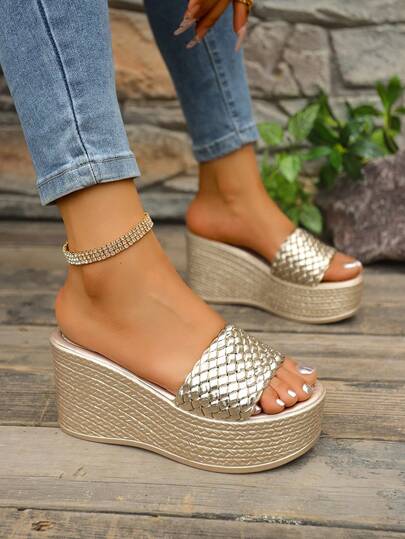 Sandali con zeppa estivi da donna, con motivo a righe intrecciate, sandali con tacco alto in stile ciabatte,suola spessa da 9 cm, ciabatte da spiaggia slip-on, alla moda e confortevoli per l'uso all'aperto