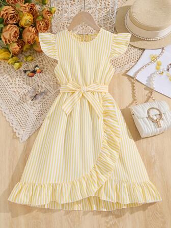 女童条纹荷叶边下摆连衣裙（配腰带）