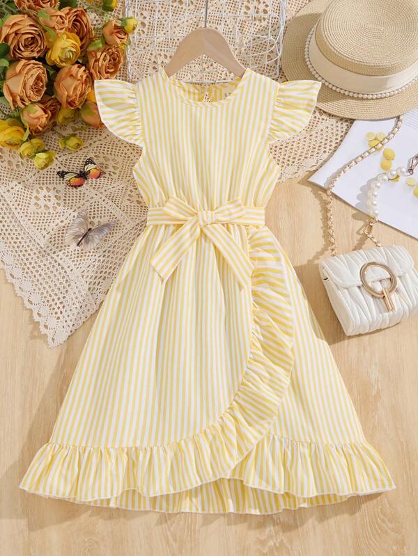 Rochie pentru fete cu dungi cu volan, cu curea
