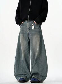 1 pieza Vaqueros de hombre con pierna ancha y ajuste suelto con efecto desgastado vintage, de moda y versátiles