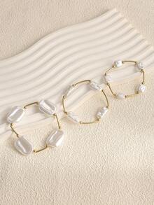 3pcs/Set Fashionable Baroque Faux Pearl Elastic Bracelets, Elegant Bracelet Set For Women, Suitable For Daily, Dating, Party, Wedding Jewelry Wear