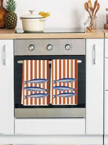 2pcs Kitchen Towels Sardines Orange Stripes Nautical Style Farmhouse Dish Towels Kitchen Dishwashing Hand Tea Towels Kitchen Decor Table Decor Kitchen Supplies For Kitchen Dining Table Suitable For Daily Use And Cleaning