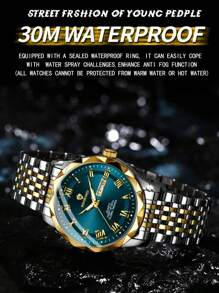 1pc Men's Rust-Proof 316 Stainless Steel Gold Plated Wire Green Black Dial 50m Waterproof Watch - Luminous Hands, English Calendar Date Precise Timekeeping Imported Quartz Movement From Japan High-Quality Luxury For Sport & Outdoor | US & Middle East Style Gift Father Husband Birthday Holiday Gifts
