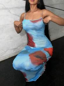 Women's Fitted Printed Dress With Spaghetti Straps, For Holiday,Suitable For Spring Break Vacation, Seaside Vacation, Bikini Outerwear, Night Out, Sister Party, Seaside Party, Pool Party, Holiday Outfit, Natural Party, Chalet Vacation,Vacation Outfits, Holiday Derss, Women Dresses Birthday - Blue - View 7